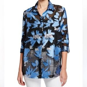 Berek Blue Black Foilicious Floral Metallic Button Down Top Large